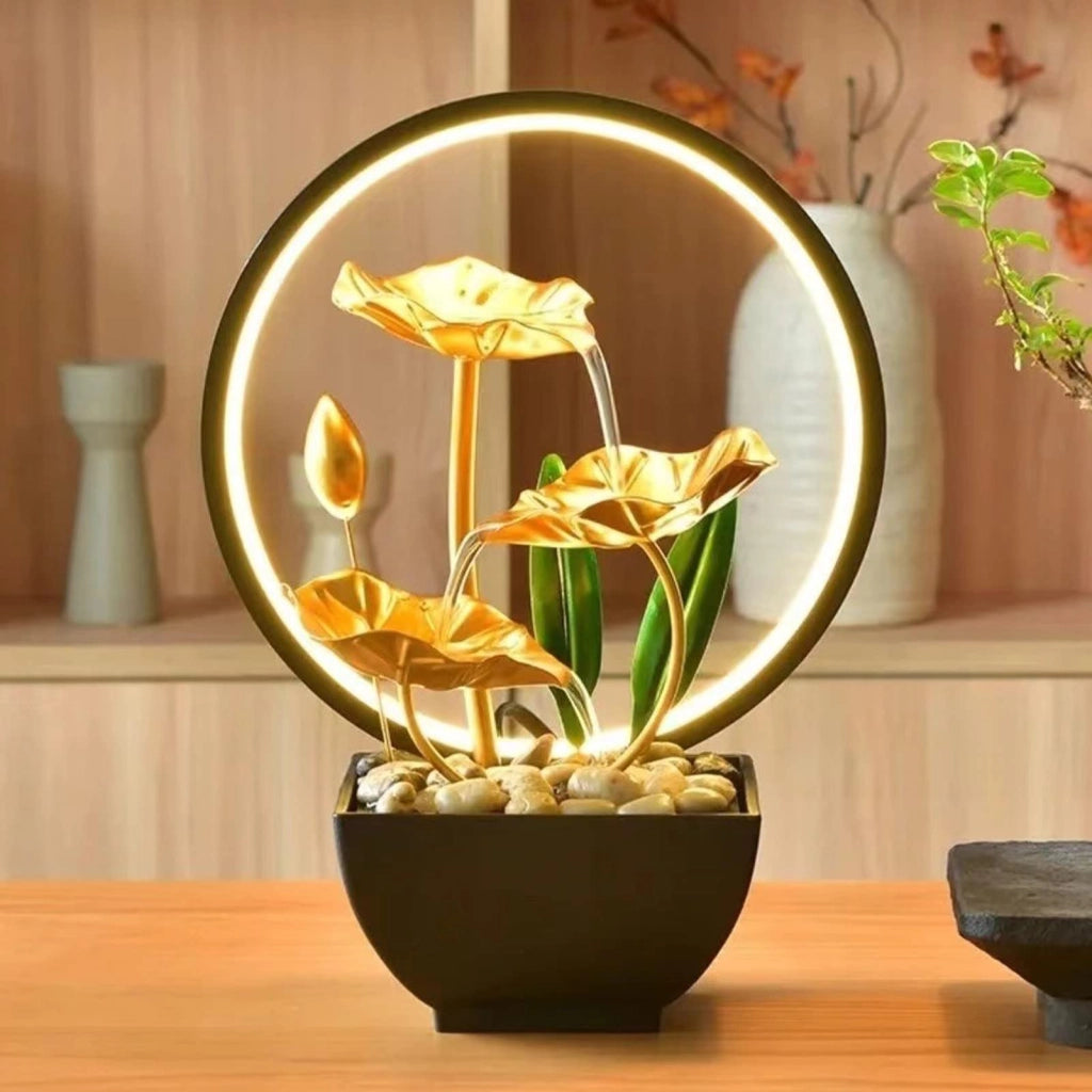 Fontana da tavolo a 3 livelli, con foglia di loto, illuminazione a LED e ciottoli