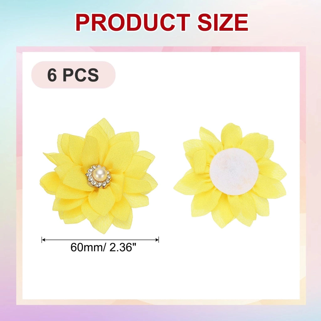 6 fiori in chiffon con strass, confezione da 6 pezzi, colore giallo chiaro, dimensioni 6 cm