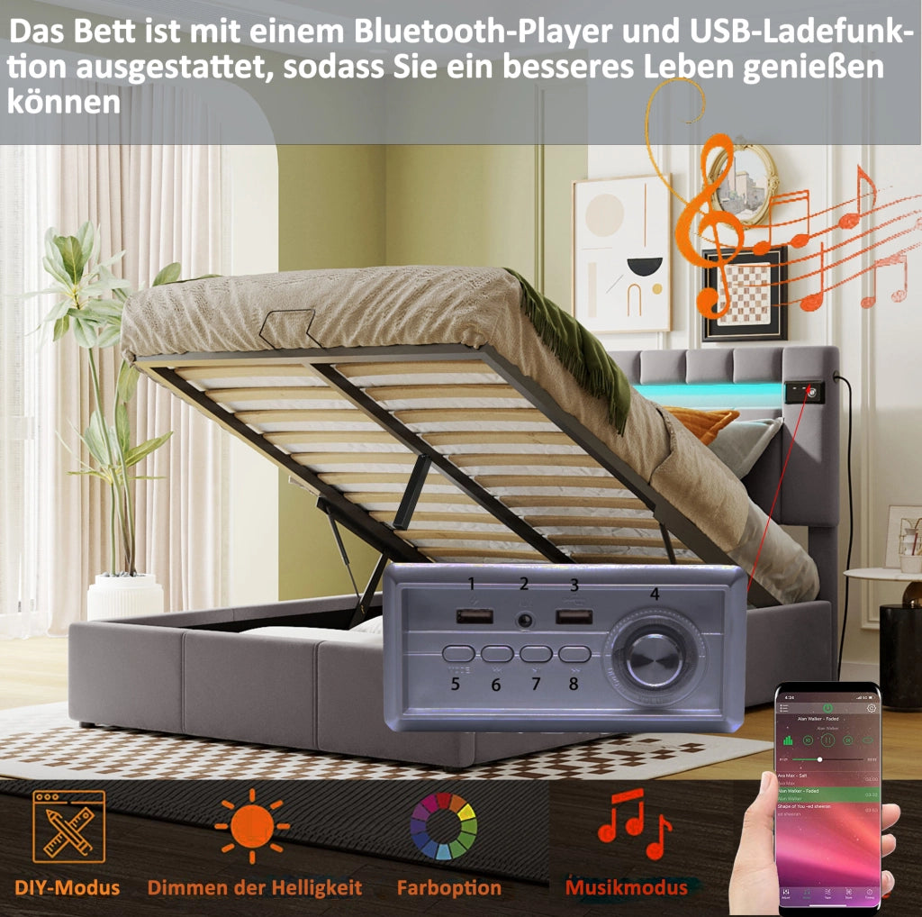 Letto matrimoniale con contenitore idraulico; LED; Bluetooth e USB; grigio