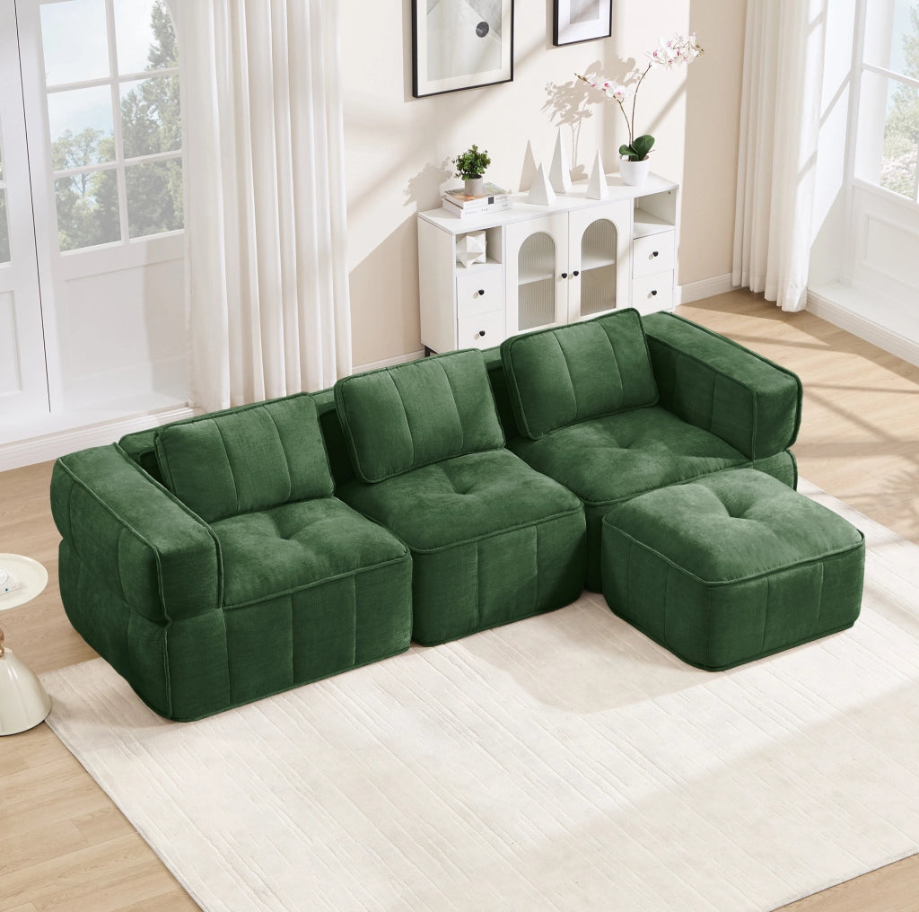 Divano modulare verde in poliestere con pouf, 271 × 162 × 67 cm