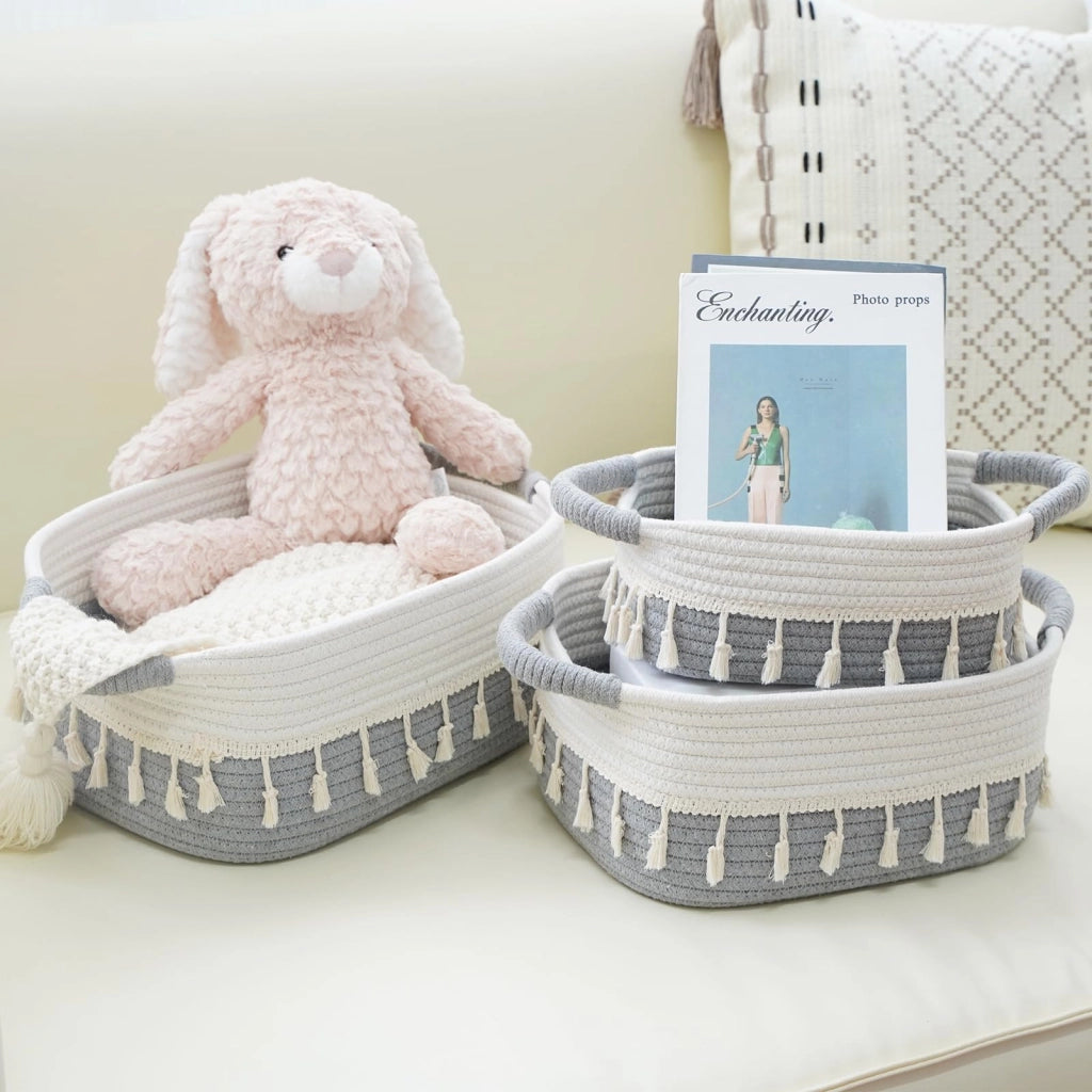Cesti per riporre i cavi, set da 3, in cotone, bianco/grigio