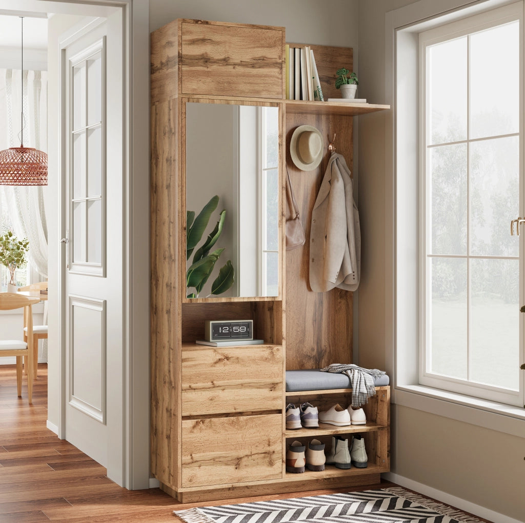 Mobile ingresso 90x34,5x190 cm naturale in MDF, specchio e panca