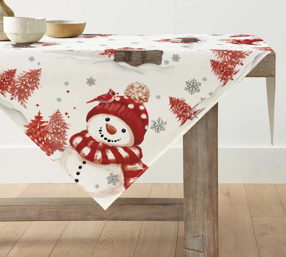 Tovaglia natalizia, colore rosso, 85x85 cm, con decorazioni di pupazzo di neve e alberi