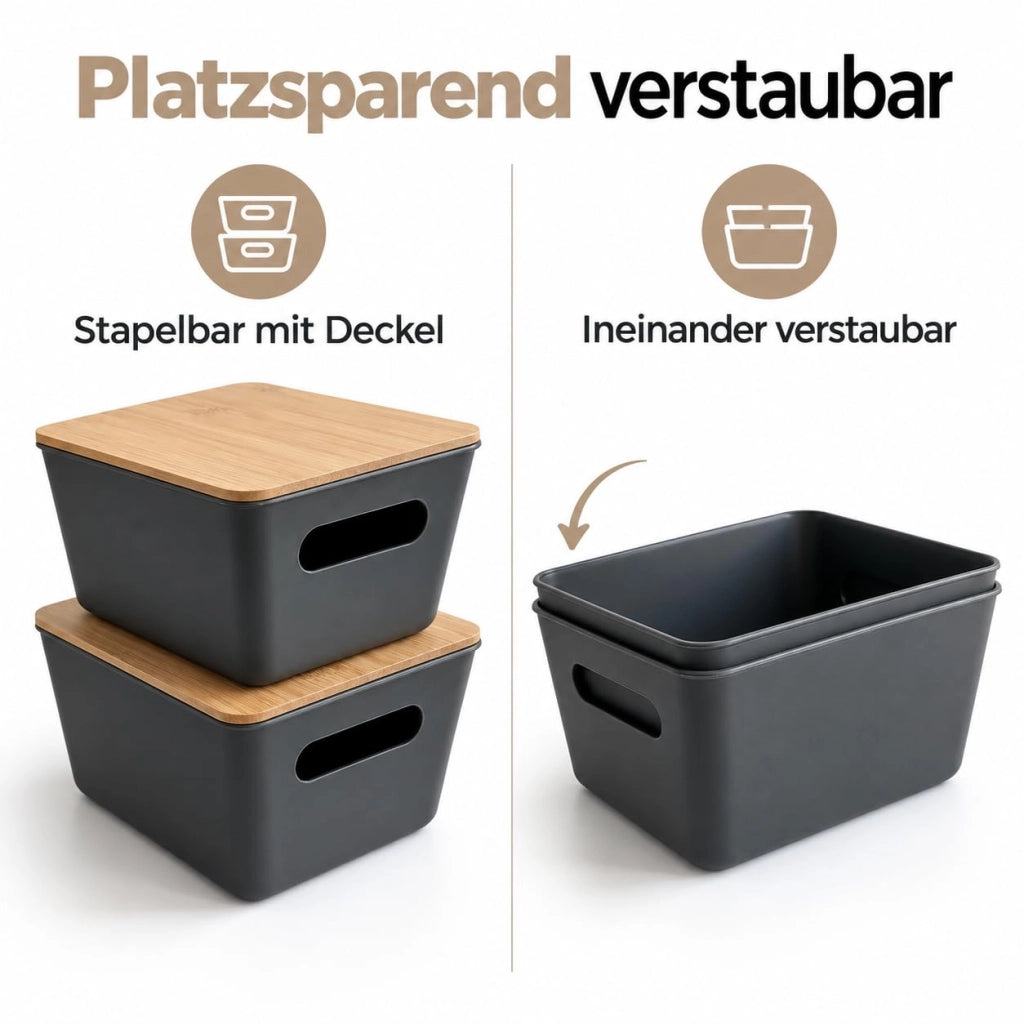 Set di 2 contenitori, con coperchio in bambù, dimensioni 20x14x10 cm, colore antracite