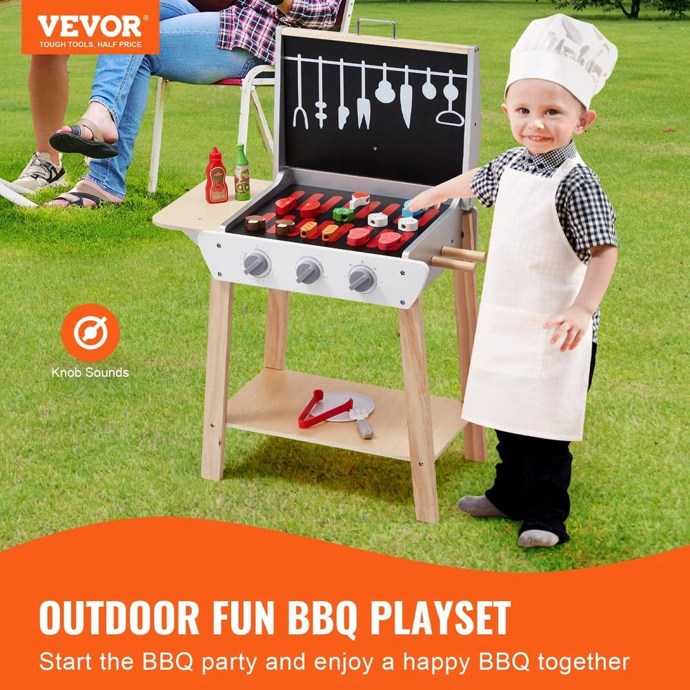 Set Barbecue Giocattolo per Bambini 21 Pezzi in Legno di Pino AC7919 con Accessori Cucina e Cibo Finto 59x33,5x82 cm