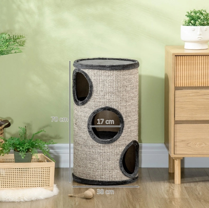 Torre tiragraffi per gatti 38 x 38 x 70 cm in sisal grigio chiaro, 3 livelli