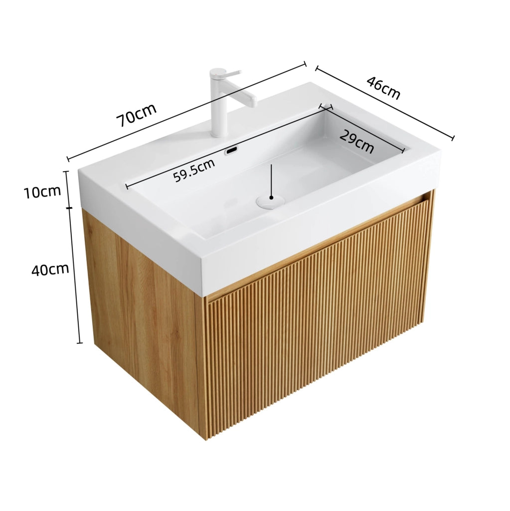 Mobile bagno sospeso 70 cm con lavabo integrato in resina bianca e corpo in compensato effetto quercia naturale