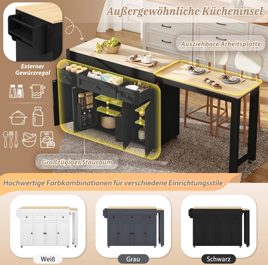 Isola da cucina mobile allungabile con 3 cassetti, nero e naturale