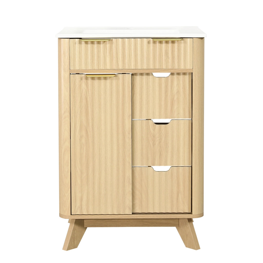 Mobile bagno 61 cm con lavabo in ceramica, 3 cassetti e anta scorrevole in MDF finitura legno naturale con motivo a onde