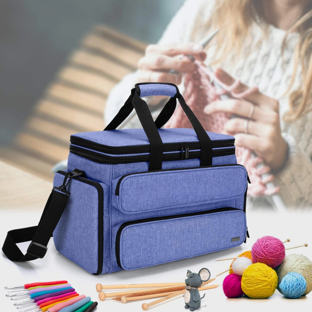 Borsa per maglia con organizer, scomparti multipli e coperchio con cerniera per accessori per maglia e uncinetto, blu