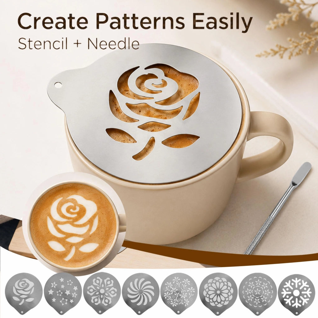 8 stencil in acciaio inossidabile per decorare il cappuccino