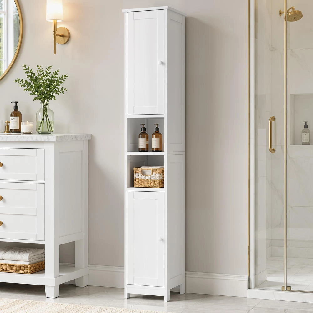 Mobile colonna bagno alto salvaspazio con 2 ante e 2 scomparti aperti, ripiani regolabili, bianco 30 cm