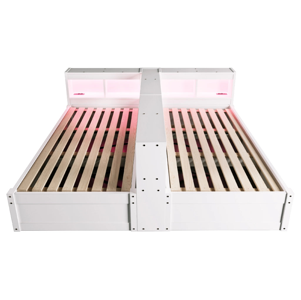 Divano letto multifunzionale 90/180 × 200 cm in legno massello con LED, prese multiple e contenitori, bianco