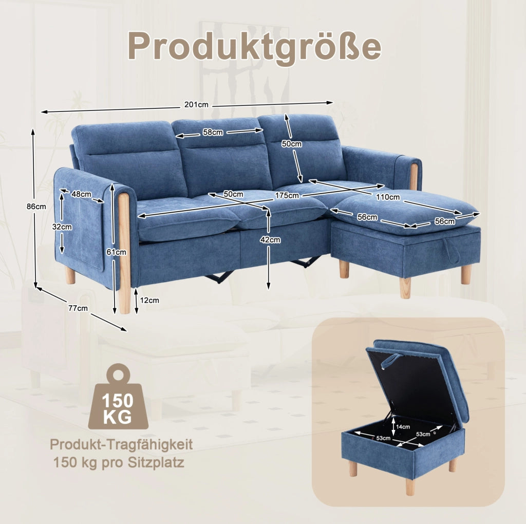 Divano 3 posti a L in ciniglia blu con pouf contenitore