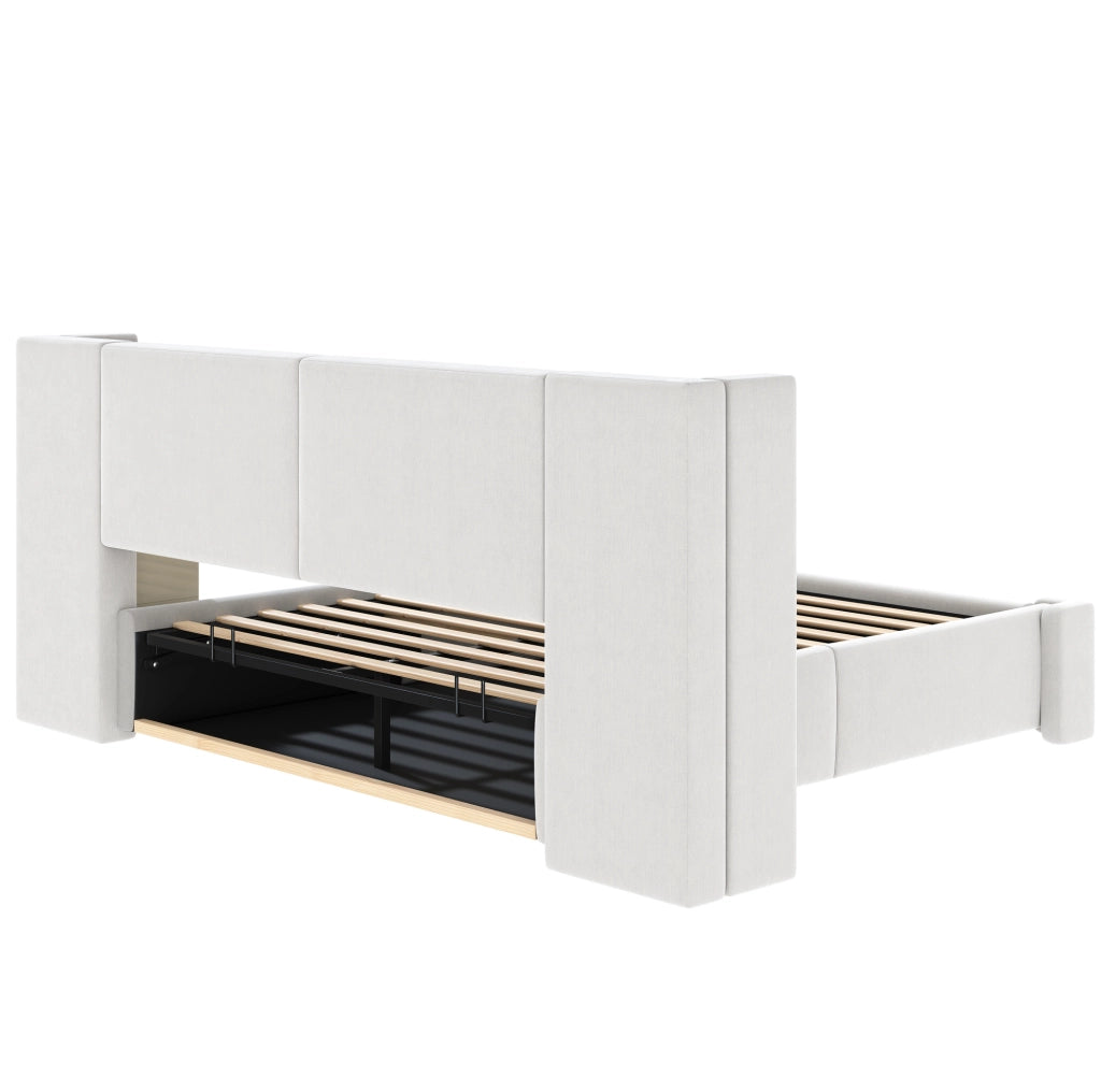 Letto imbottito beige 180 x 200 cm con contenitore idraulico e comodini LED