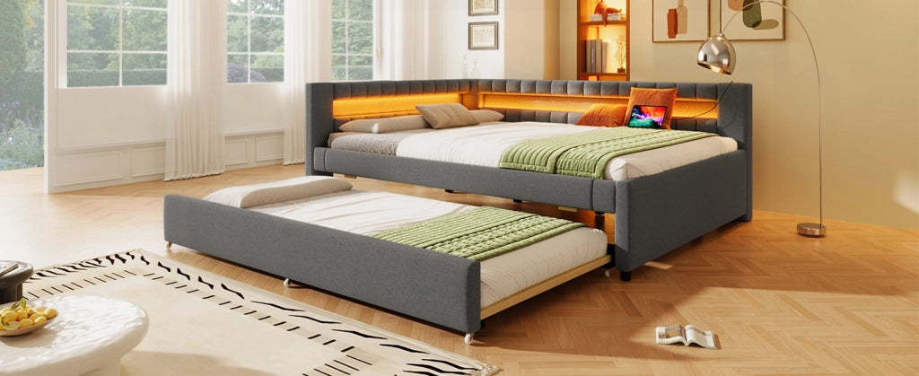 Letto Daybed con letto estraibile 140x200 cm in lino grigio con striscia LED, USB e TYPE-C