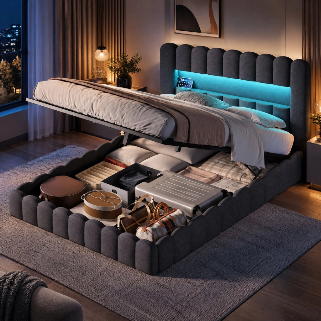 Letto Contenitore Matrimoniale 160x200 cm; Letto imbottito con LED e USB; Letto idraulico con Rete a doghe e Testiera con Contenitore; Lino Grigio