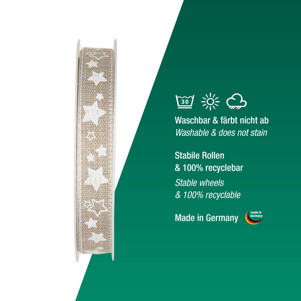 Nastro decorativo con stelle, 15 mm x 15 metri, cotone/bianco