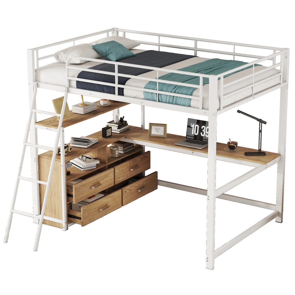Letto a soppalco 140 × 200 cm con scrivania a L cassetti struttura in metallo e MDF bianco