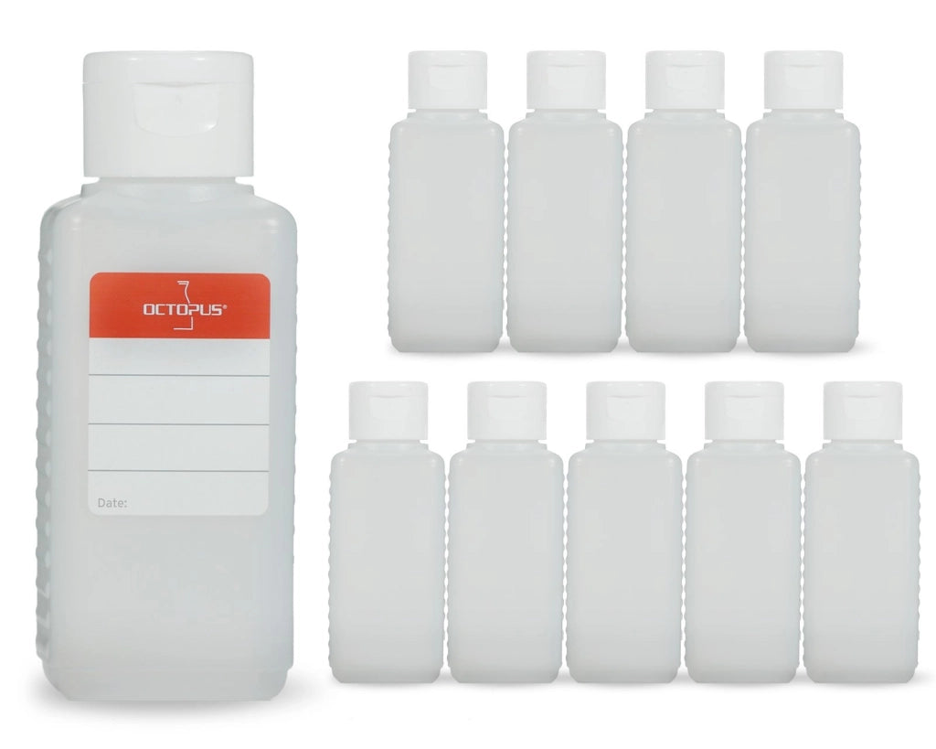 10 flaconi in HDPE da 100 ml con chiusura a scatto, inclusi gli etichette