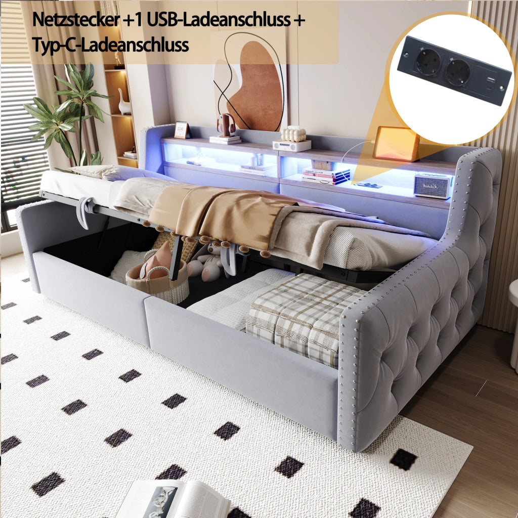 Letto singolo imbottito 90 × 200 cm con contenitore in velluto grigio chiaro LED presa USB Type-C rete a doghe