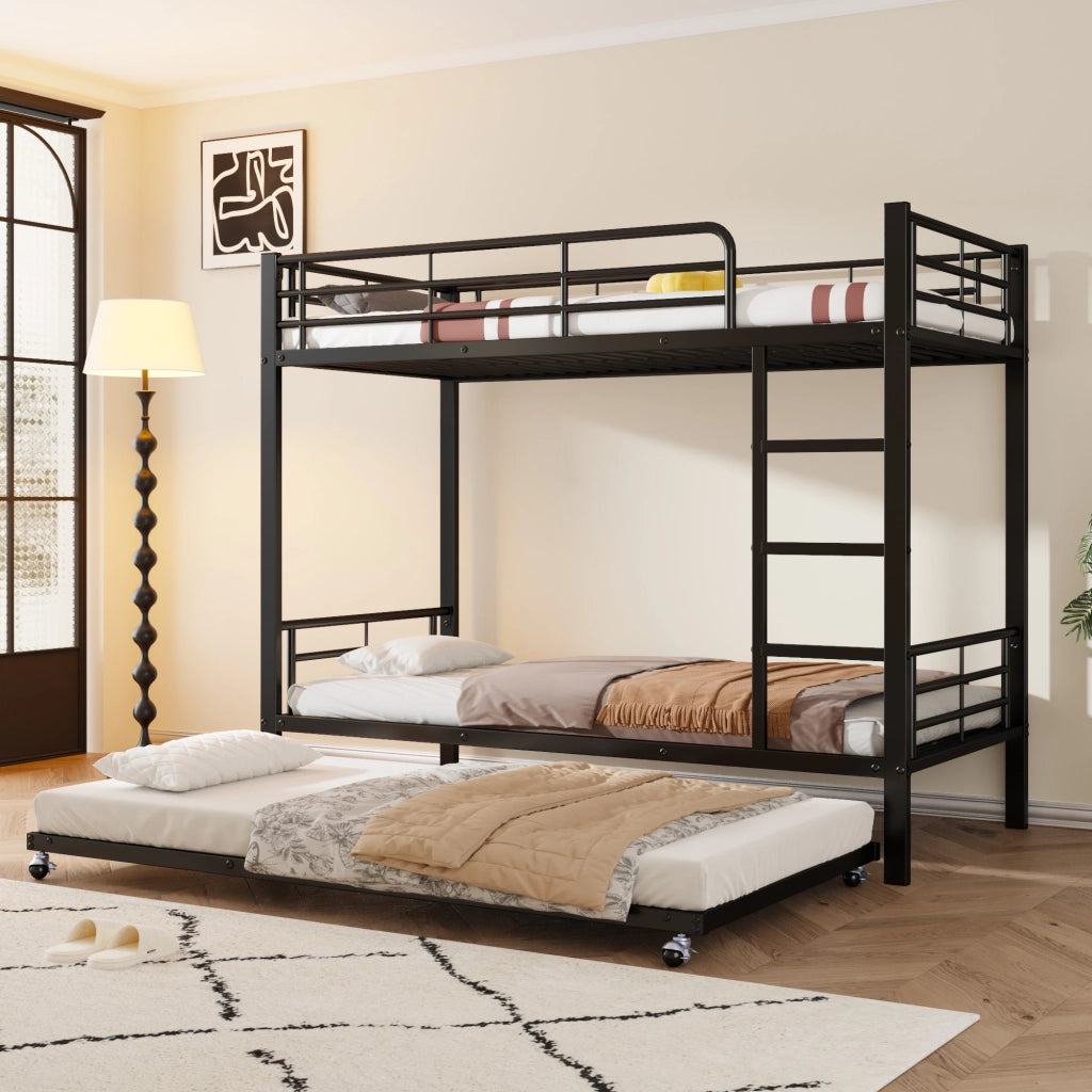 Letto a castello con letto estraibile in metallo nero 90 × 200 cm e 90 × 190 cm con scala a tre gradini