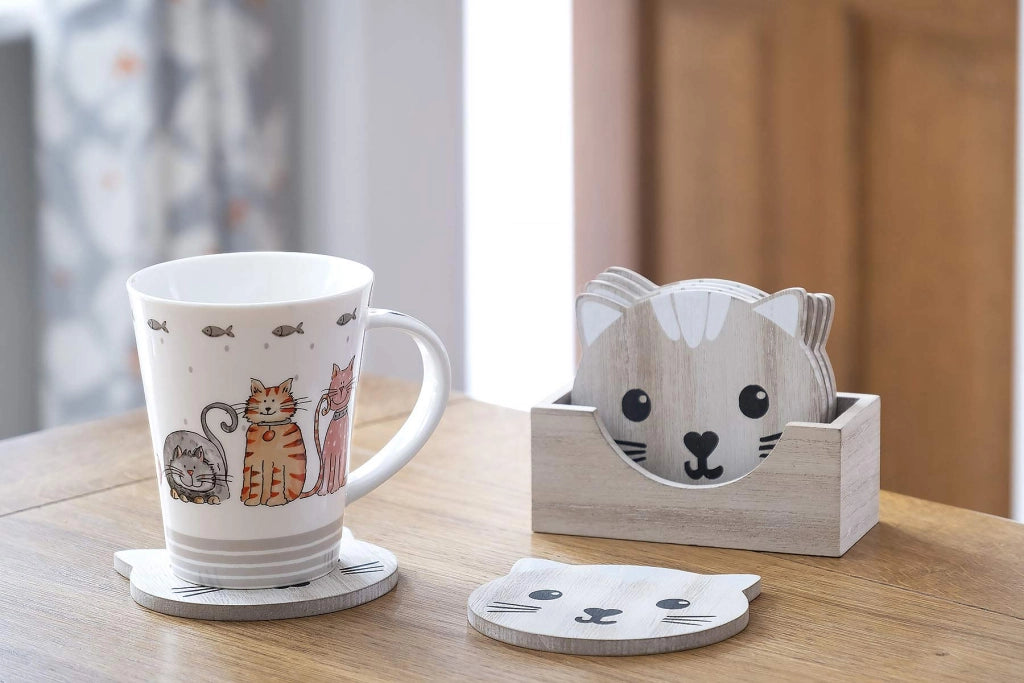 Sottobicchieri in legno a forma di gatto, set da 6 con supporto, color marrone