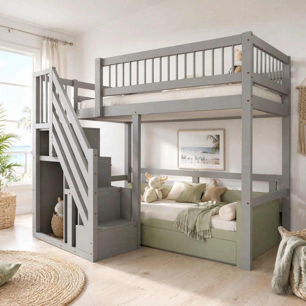 Letti a soppalco per bambini 90x200 cm con scala, armadio e rete a doghe in pino bianco e grigio, senza materasso