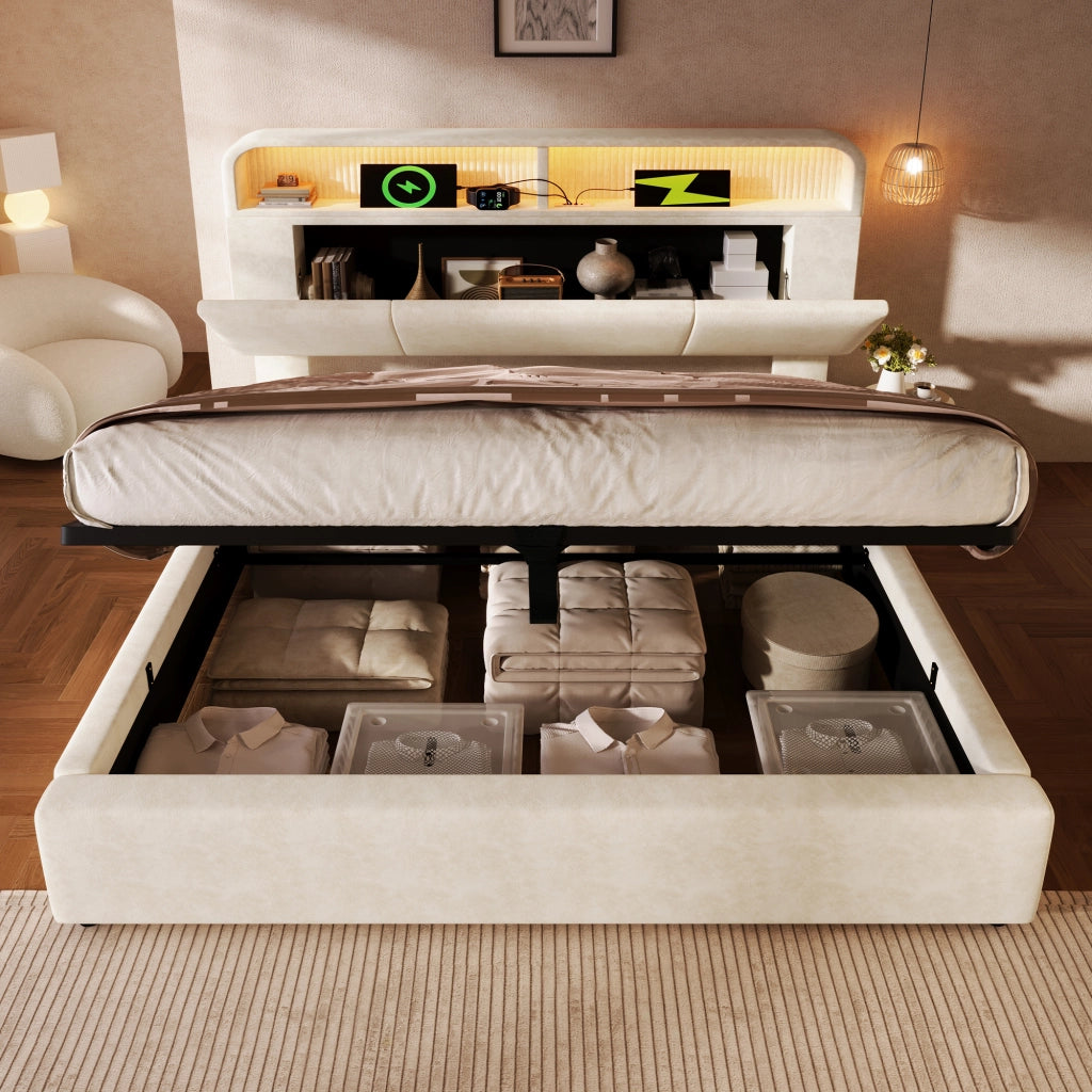 Letto matrimoniale contenitore 180 × 200 cm con testiera regolabile in velluto beige LED e ricarica USB Type C