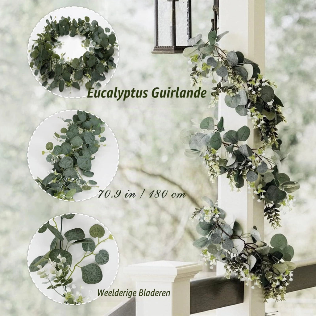 Set di 4 ghirlande di eucalipto artificiale, lunghezza 180 cm, colore verde e bianco