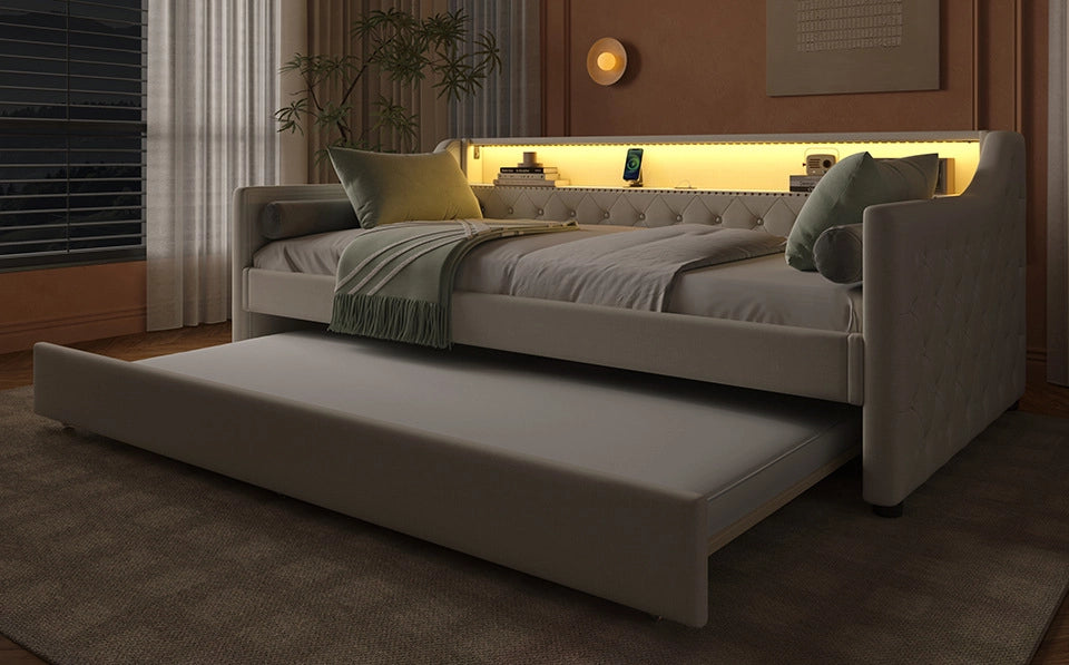 Daybed con rete a doghe 90x200 cm, divano letto con LED integrati e porta USB, lino beige, con letto estraibile