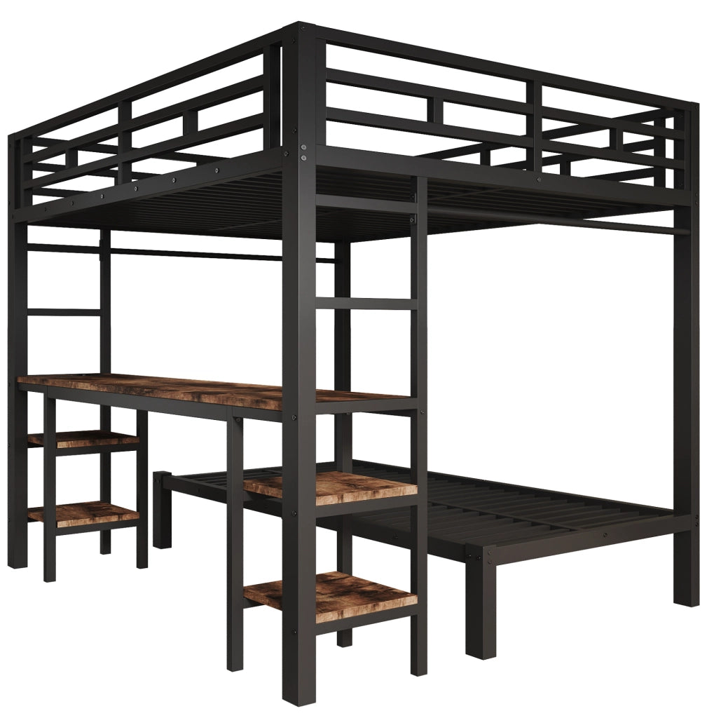 Letto a castello in metallo nero 140x200 cm + 90x200 cm con scrivania integrata, appendiabiti e doppia scala