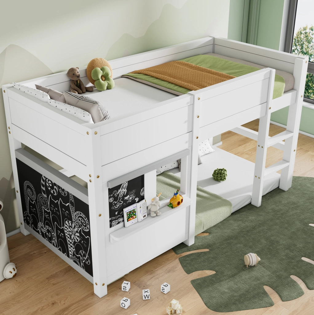 LETTO a castello a casetta per bambini 90x200 cm in pino bianco con lavagne