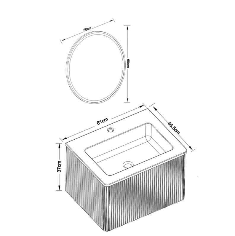 Mobile bagno sospeso 60 cm con lavabo integrato in materiale sintetico e specchio LED rotondo regolabile, finitura noce