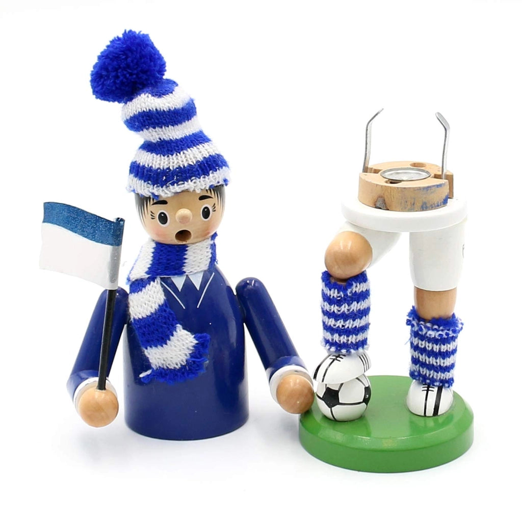 Figurina di legno a forma di calciatore, blu e bianca, altezza 20 cm