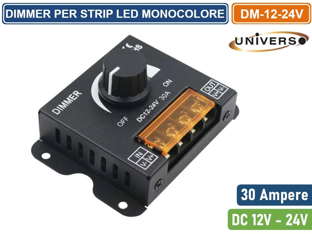 DIMMER INTERRUTTORE CON MANOPOLA PER STRIP LED MONOCOLORE DC12/24V POTENZA MASSIMA 720W