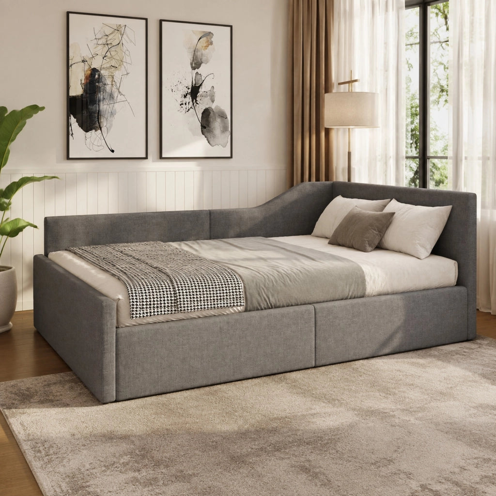 Letto da giorno 140 × 200 cm con vano contenitore in lino grigio struttura in legno MDF e compensato