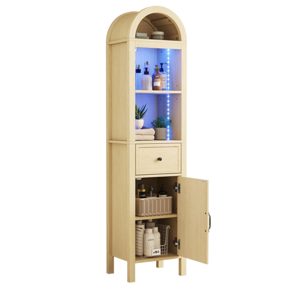 Mobile bagno alto 163 cm in MDF legno naturale con LED RGB, anta reversibile, cassetto e chiusura soft-close, 40×30×163 cm