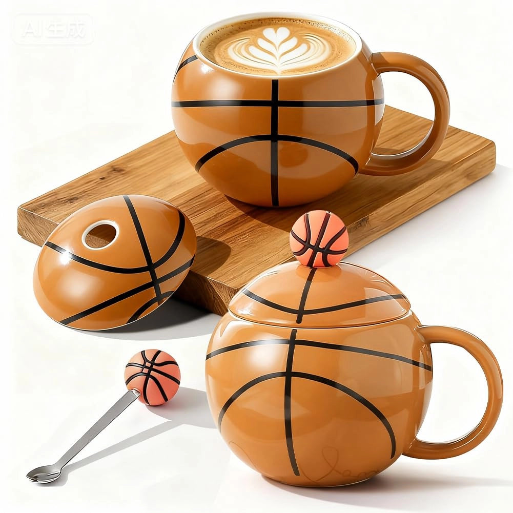 Tazza da caffè con coperchio e cucchiaino, 400 ml, in Vetroceramica, con motivo a tema basket