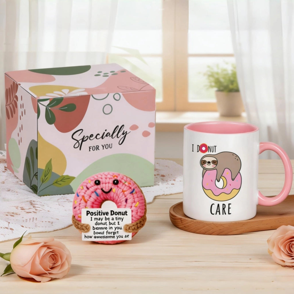 Set regalo positivo: tazza da 325 ml e peluche a forma di ciambella