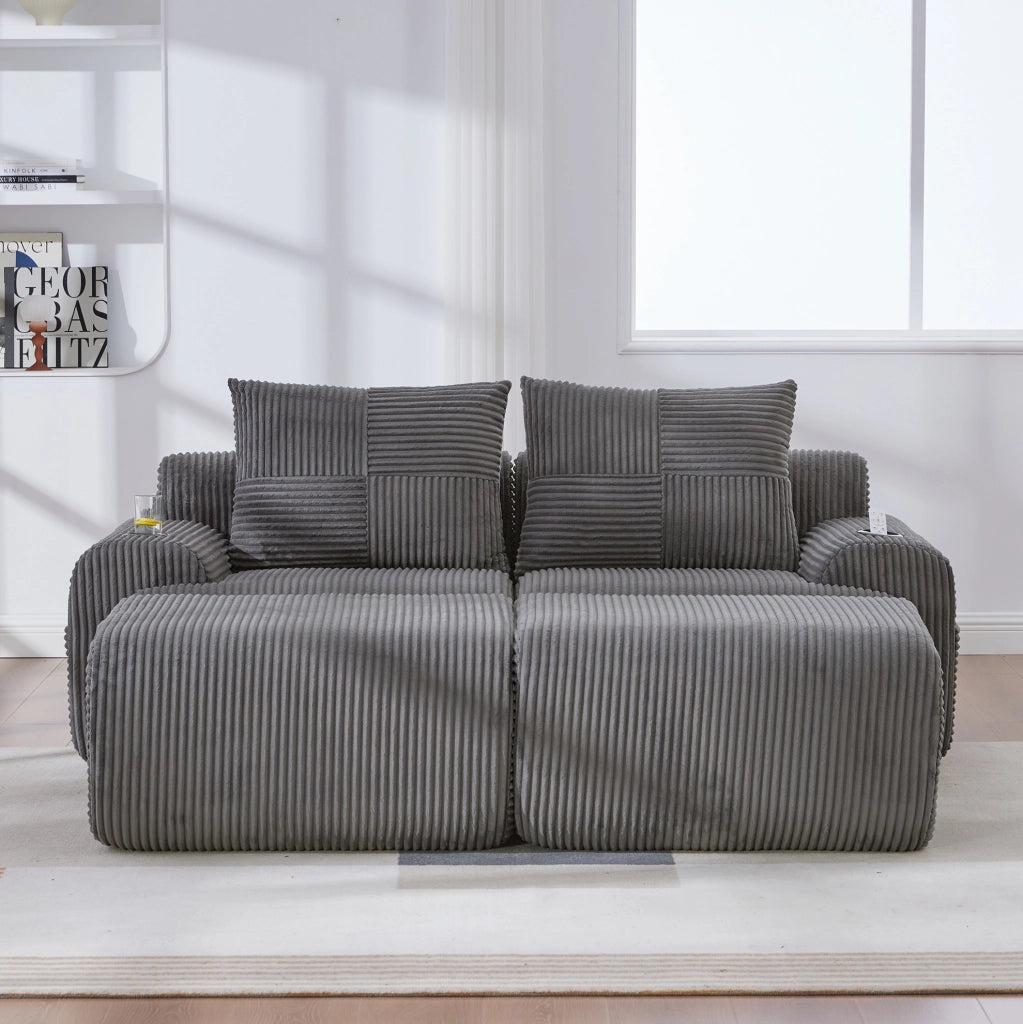 Divano modulare 2 posti IVMEU 200x174x80 cm in velluto a coste grigio scuro, con portabicchieri e tasca laterale