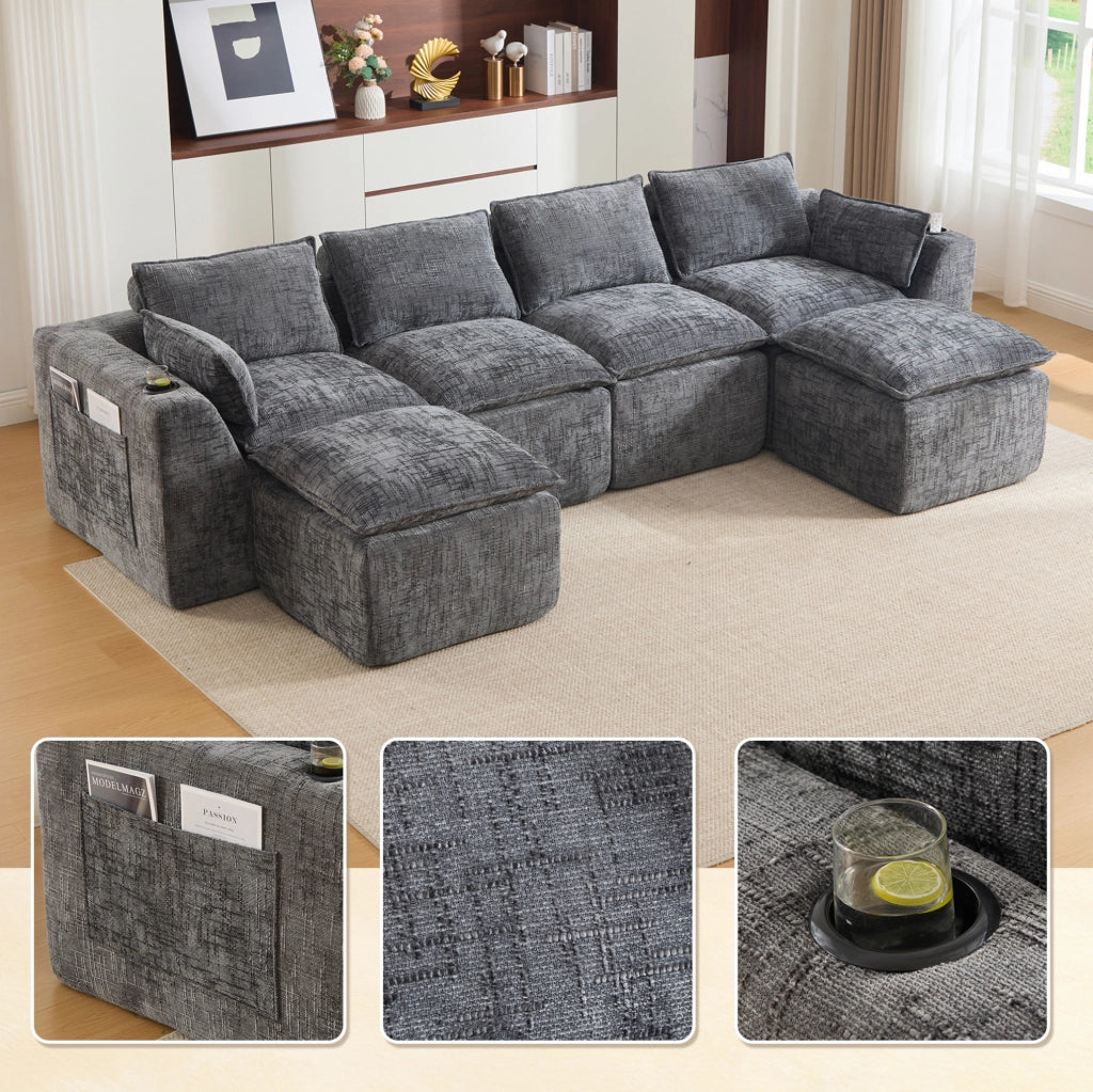 Divano modulare in ciniglia grigio scuro con pouf e cuscini