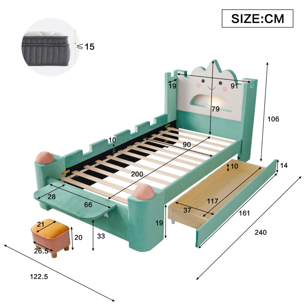 Letto singolo imbottito per bambini 90x200 cm con cassetto; USB e lampada; blu verde