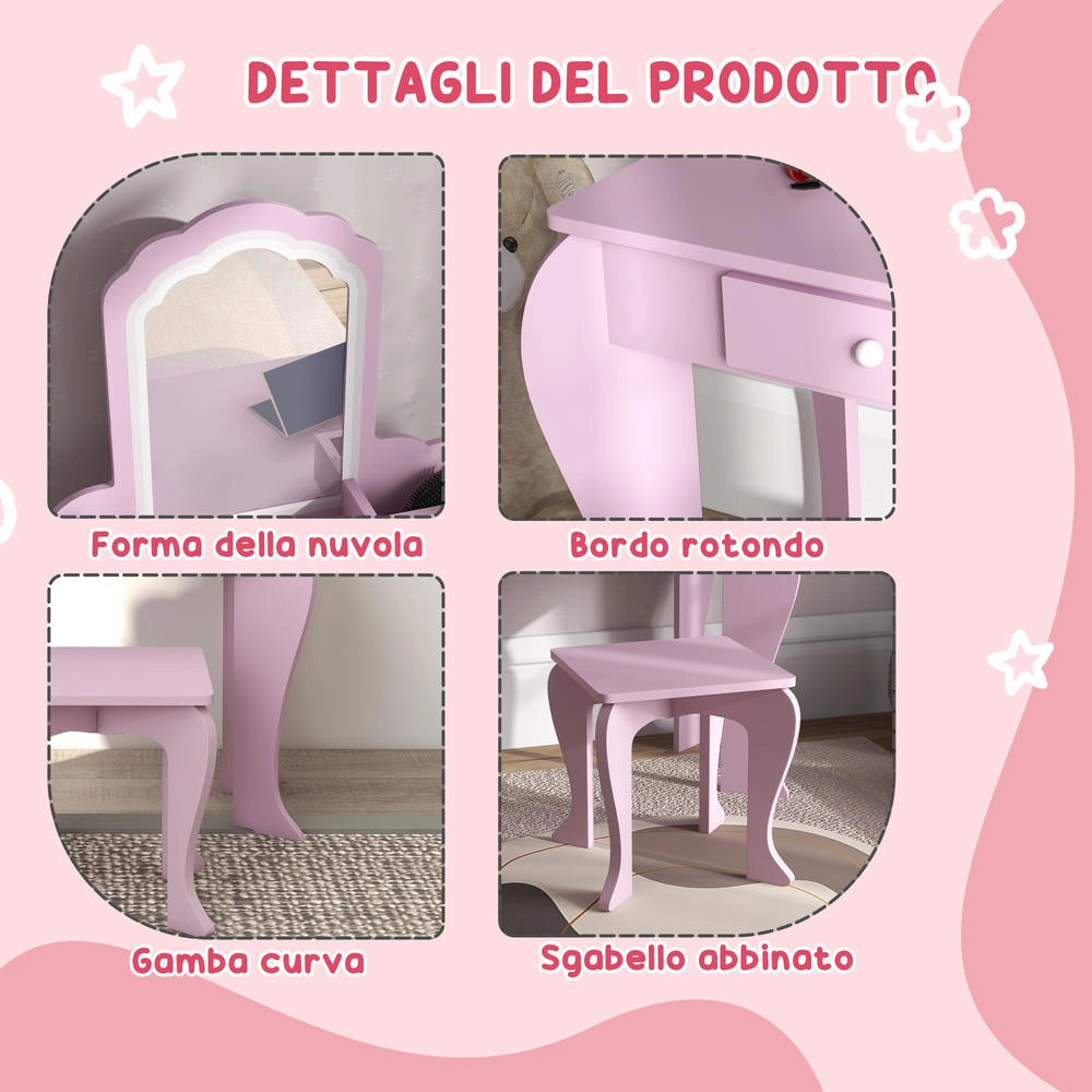 Set Toeletta per Bambini con Specchio e Sgabello in Legno Tavolo da Trucco con Cassetto per Cameretta Rosa