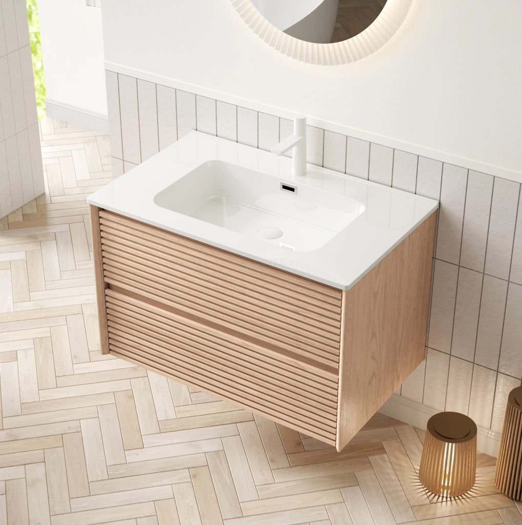 Mobile lavabo sospeso 81 cm bianco e naturale, doppio cassetto, preassemblato