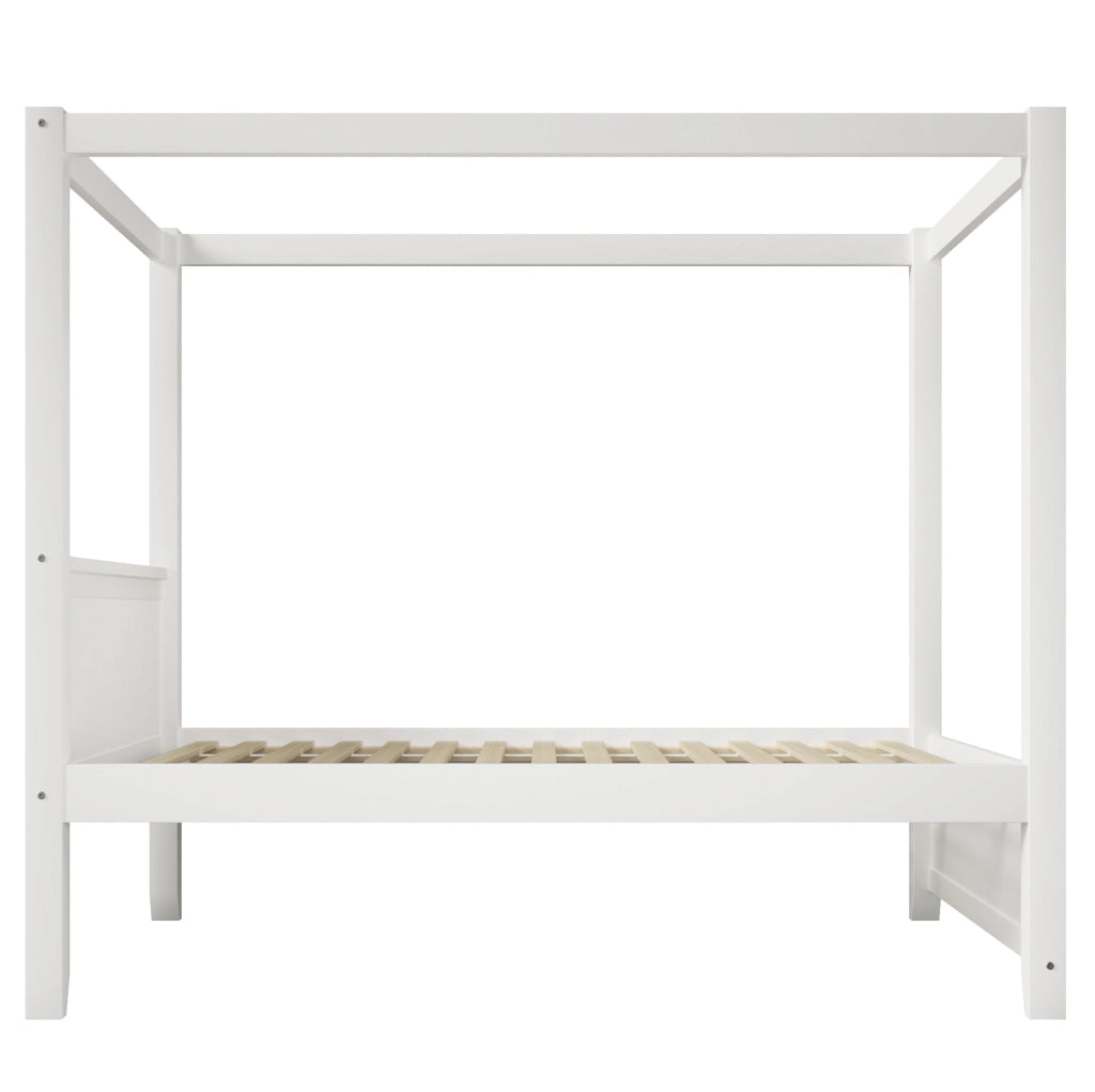 Letto a baldacchino in legno 90x200 cm bianco con cornice decorativa e doghe verticali