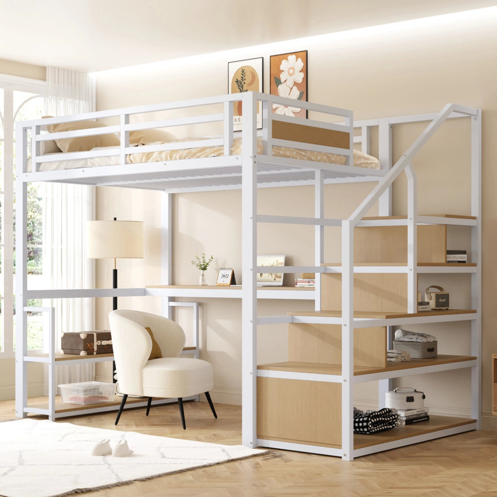 Letto a soppalco 140 × 200 cm in metallo bianco con scala contenitore scrivania ripiani e sponde di sicurezza