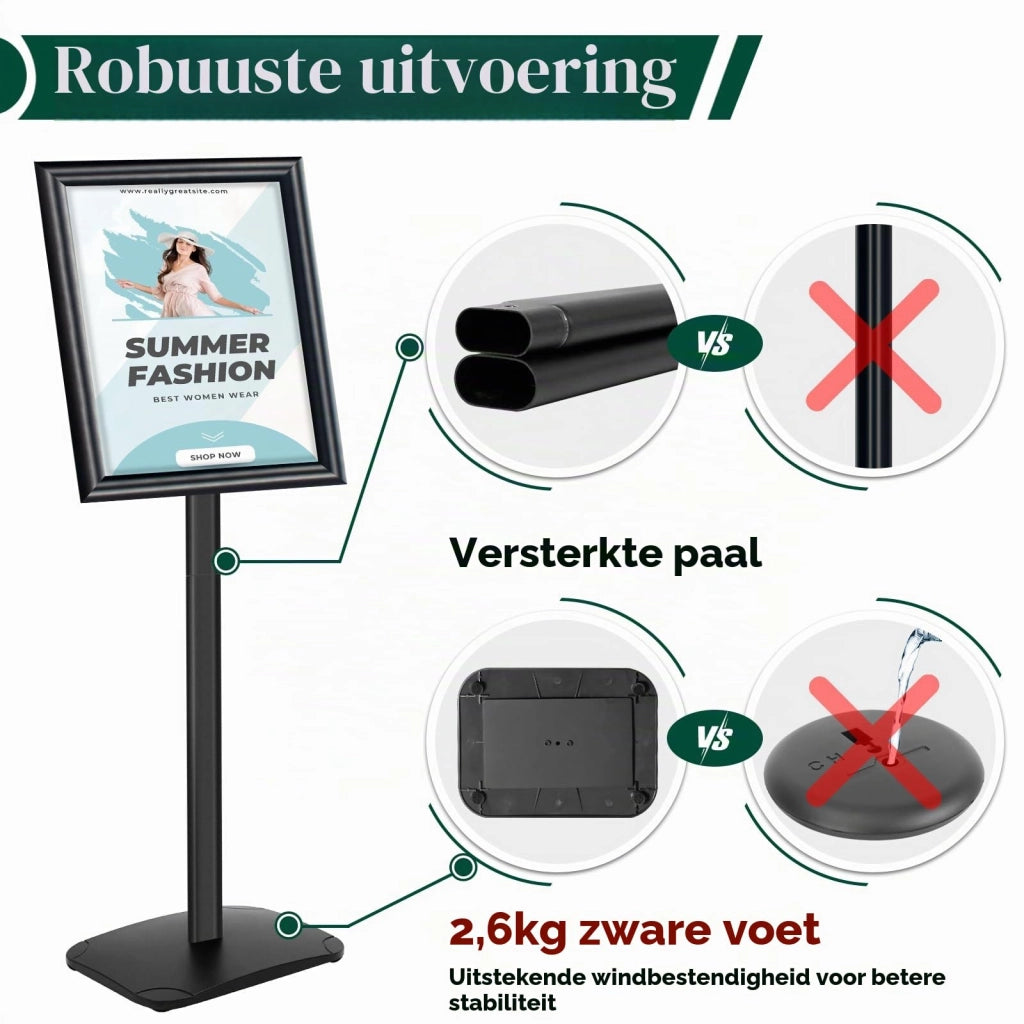 Set di 3 espositori A3, colore nero, robusti, con base da 2,6 kg