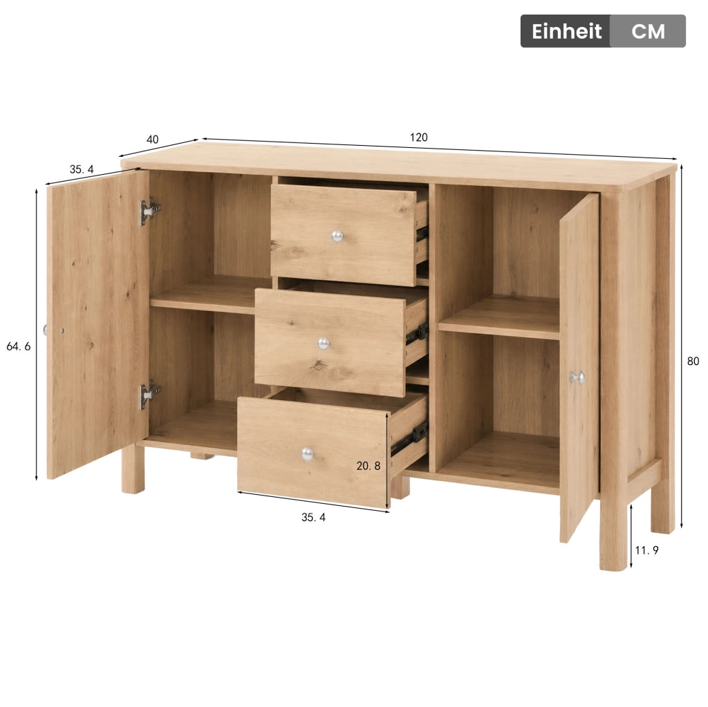 Madia color rovere con 3 cassetti e 2 ante, 120 × 40 × 80 cm