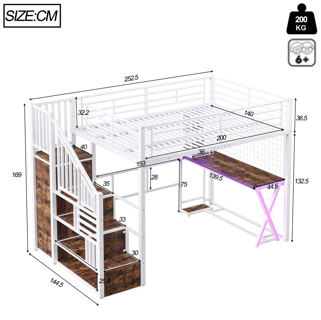 Letto a soppalco 140x200 cm con scrivania, scala, armadio e LED in metallo bianco, senza materasso